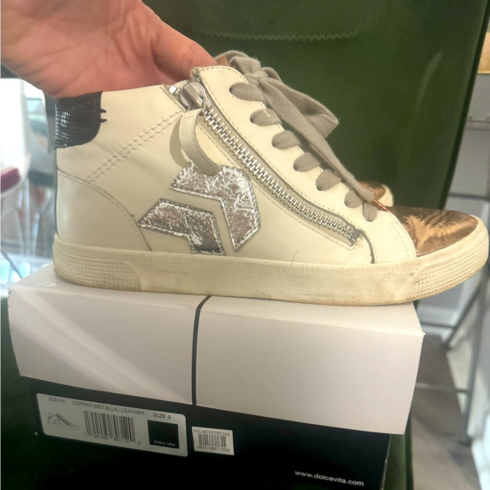 Distressed metallic and white dolce vida high top Zonya sneakers